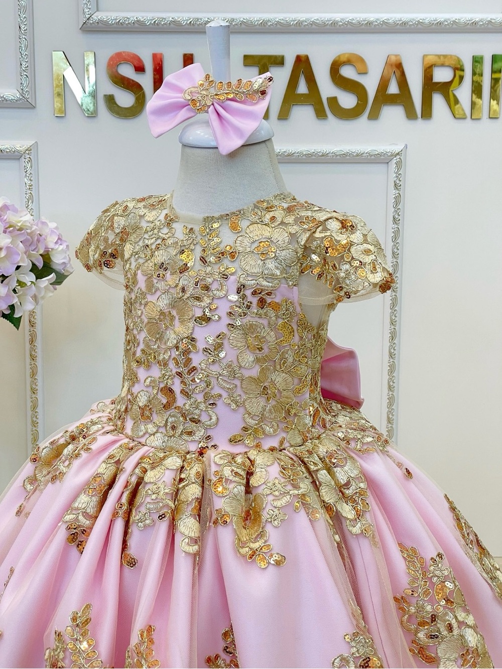 Pink & Gold Floral Lace Tulle Flower Girl Dress
